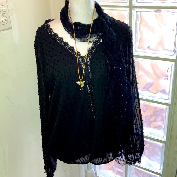 💐💓New Beautiful Black Swiss Dot Long Sleeved Shirt XL  Lace Cuffs - Picture 2 of 11